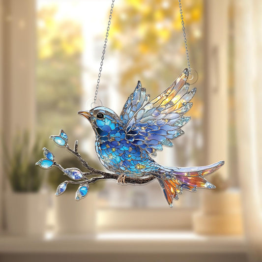 Blue Bird Acrylic Suncatcher, Faux Acrylic Bird Window Hanging Decor, Iridescent Bird Ornament, Sun Catcher Gift for Nature and Bird Lovers.