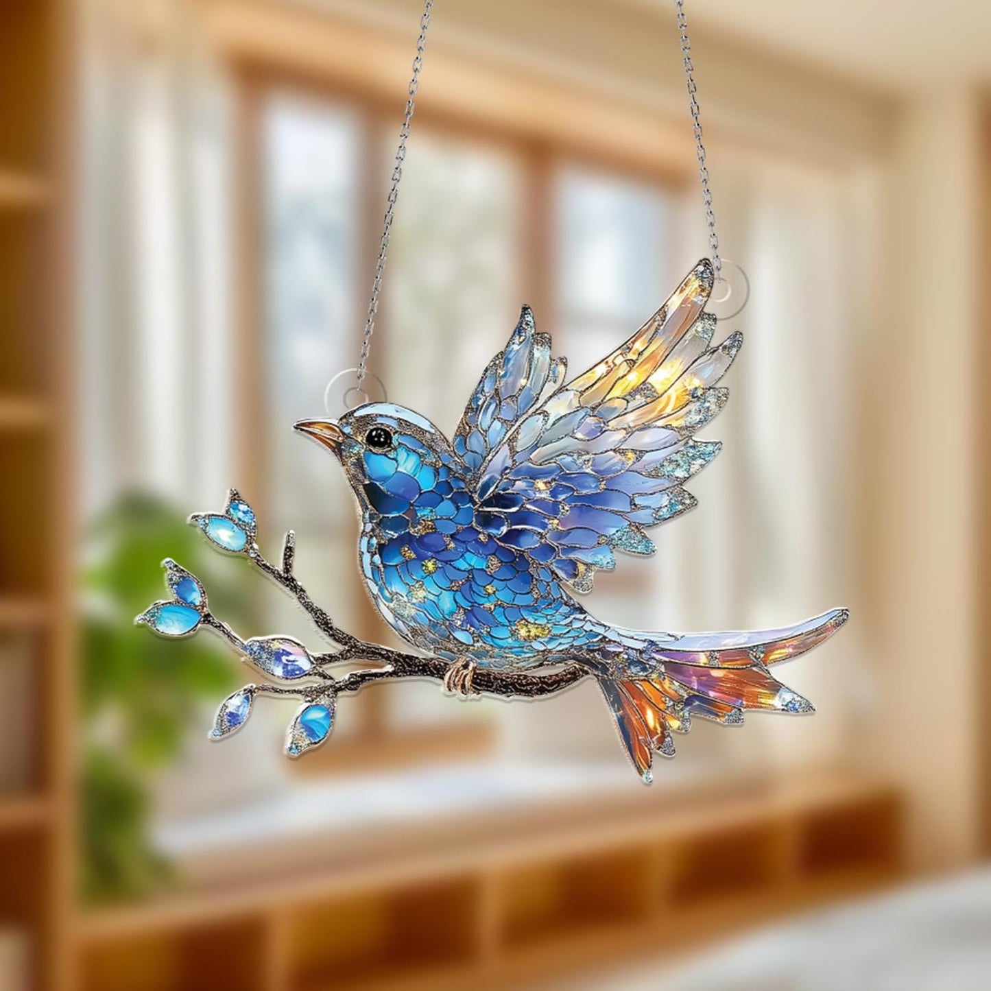 Blue Bird Acrylic Suncatcher, Faux Acrylic Bird Window Hanging Decor, Iridescent Bird Ornament, Sun Catcher Gift for Nature and Bird Lovers.