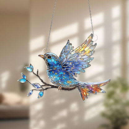 Blue Bird Acrylic Suncatcher, Faux Acrylic Bird Window Hanging Decor, Iridescent Bird Ornament, Sun Catcher Gift for Nature and Bird Lovers.