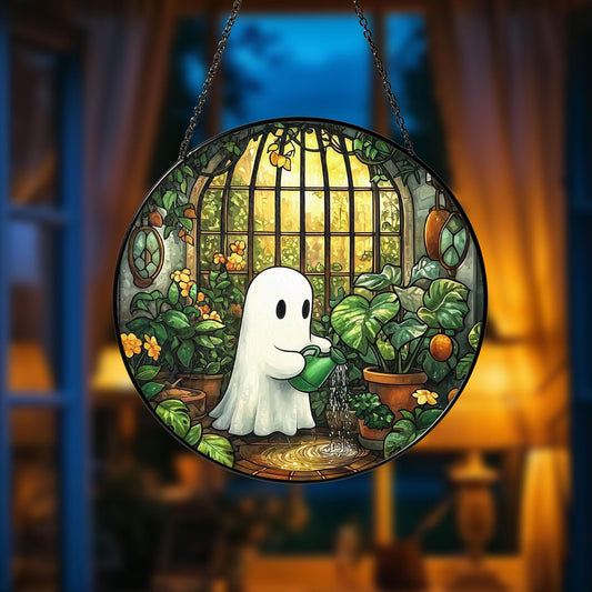 Cute Ghost Greenhouse Stained Glass Suncatcher, Halloween Ghost Glass Window Hangings, Plant Lovers Gift, Halloween Home Decor, Gift For Mom