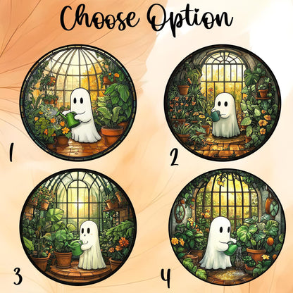 Cute Ghost Greenhouse Stained Glass Suncatcher, Halloween Ghost Glass Window Hangings, Plant Lovers Gift, Halloween Home Decor, Gift For Mom