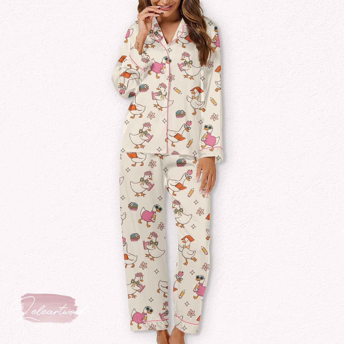 Back to School Goose Set – Cute Teacher Pajamas with Bookish Goose Print, Cozy Sleepwear for Fall, Classroom, or Study Nights