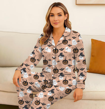 Halloween Witch Ghost Pumpkin Pajamas Set, Halloween Pattern Homewear, Spooky Pumpkin Loungewear, Cute Ghost Sleepwear, Halloween Nightwear