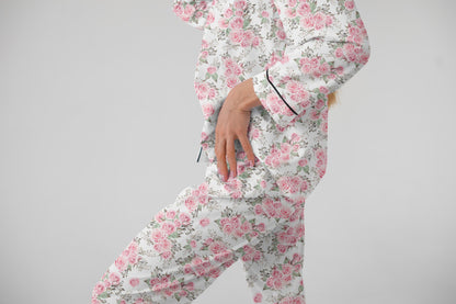 Satin Pajama Set – Bridgerton-Inspired Bridal Sleepwear | Rose Floral Silk Pajamas for Bride & Bridesmaids