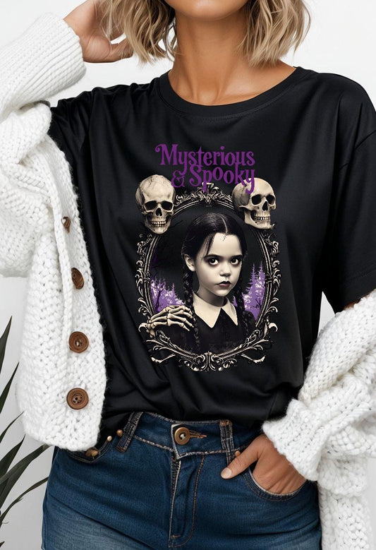 Spooky Wednesday Addams inspired Mysterious & Spooky T-Shirt, Halloween Apparel, Gothic Style Shirt, Witchy Graphic Tee