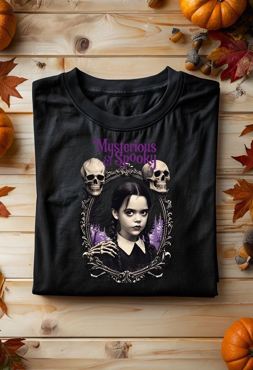 Spooky Wednesday Addams inspired Mysterious & Spooky T-Shirt, Halloween Apparel, Gothic Style Shirt, Witchy Graphic Tee