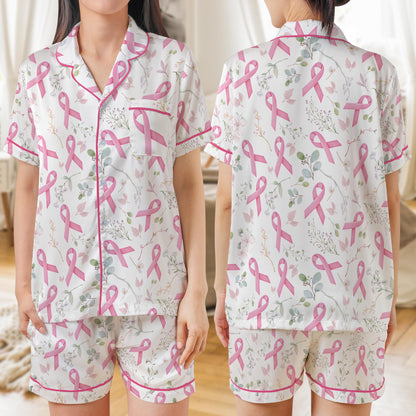 Breast Cancer Awareness Pajama Set, Pink Ribbon Floral Sleepwear for Women, Survivor Gift, Cancer Support Loungewear Short or Long Sleeve