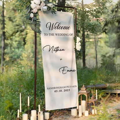 Personalized Wedding Welcome Banner, Custom Name Ceremony Sign – Elegant Minimalist Backdrop for Bride and Groom – Modern Wedding Decor Idea