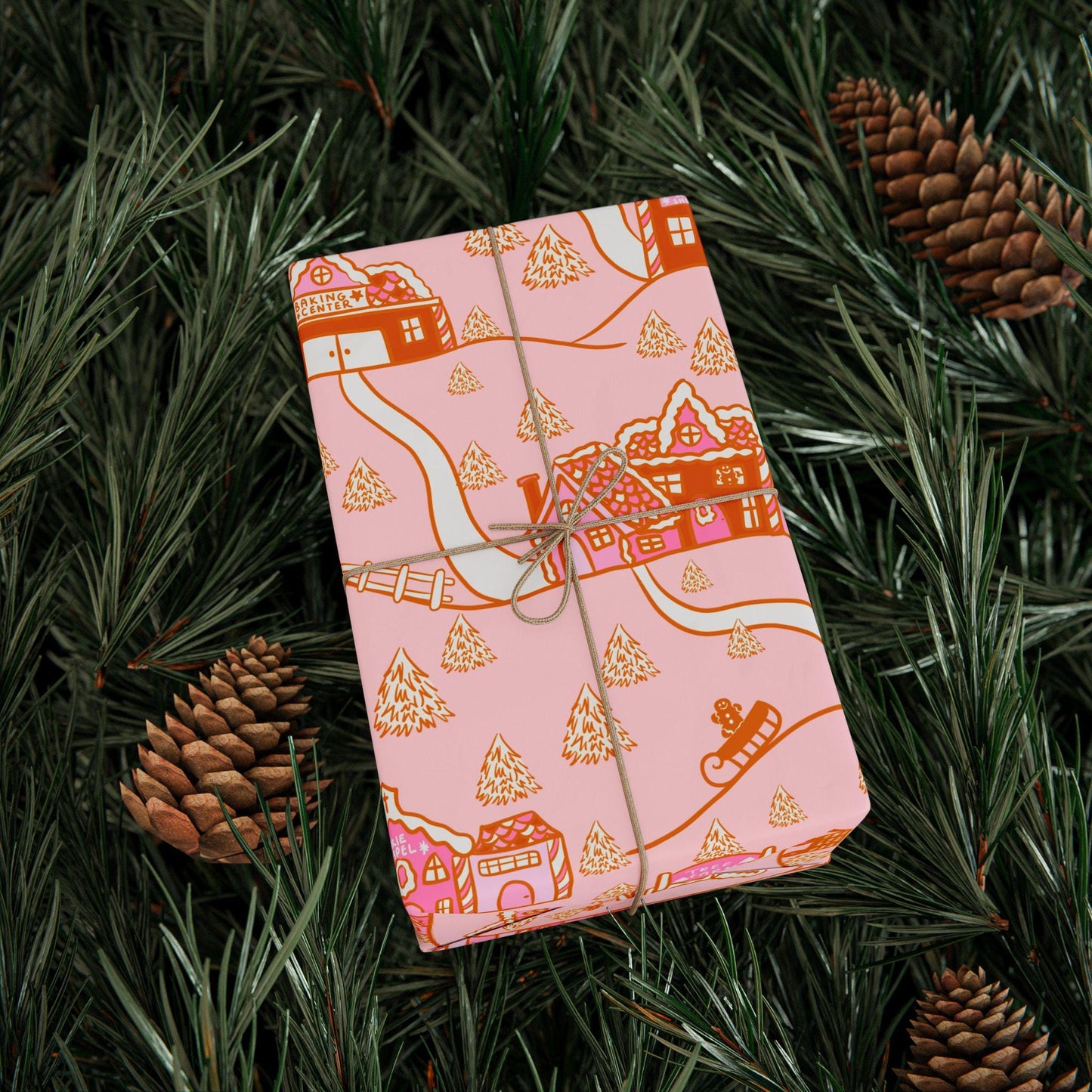 Retro Christmas village Wrapping Paper Roll, Xmas Groovy Style Holiday Wrap, Pink Nordic Christmas Gift Design