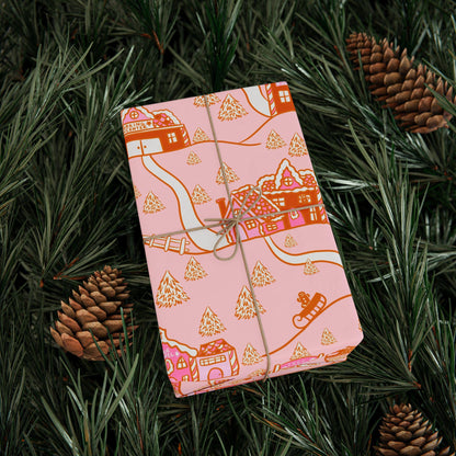 Retro Christmas village Wrapping Paper Roll, Xmas Groovy Style Holiday Wrap, Pink Nordic Christmas Gift Design
