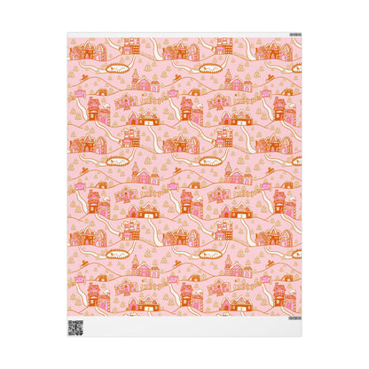 Retro Christmas village Wrapping Paper Roll, Xmas Groovy Style Holiday Wrap, Pink Nordic Christmas Gift Design