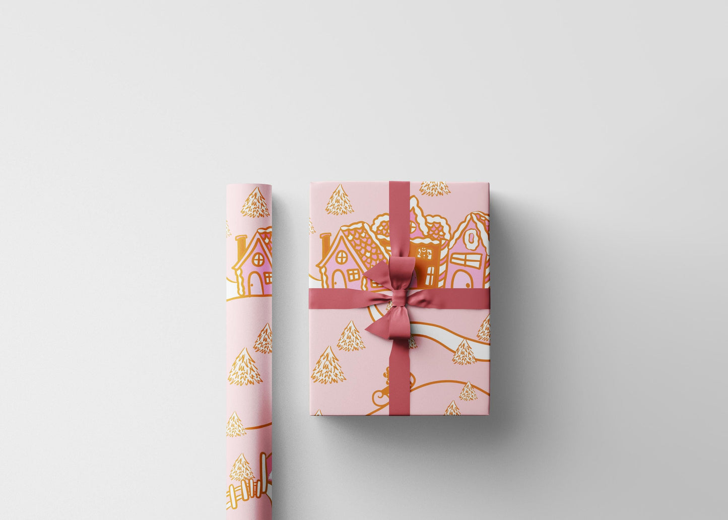 Retro Christmas village Wrapping Paper Roll, Xmas Groovy Style Holiday Wrap, Pink Nordic Christmas Gift Design