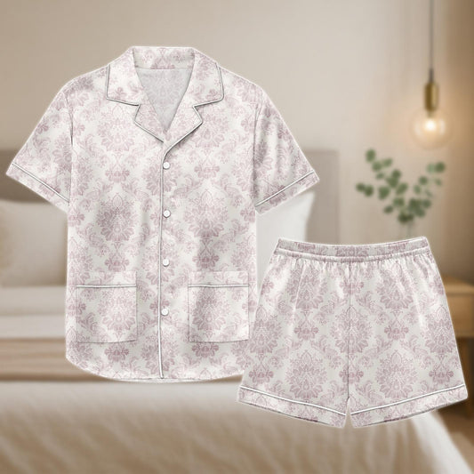 Lavender Damask Satin Pajama Set, Vintage Floral Pattern Shorts and Shirt, Elegant Sleepwear for Women, Soft Lounge Gift Idea