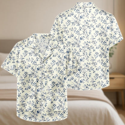 Blue Vine Floral Satin Pajama Set, Soft Short Sleeve Sleepwear for Women, Elegant Summer Pajamas with Shorts, Botanical Print