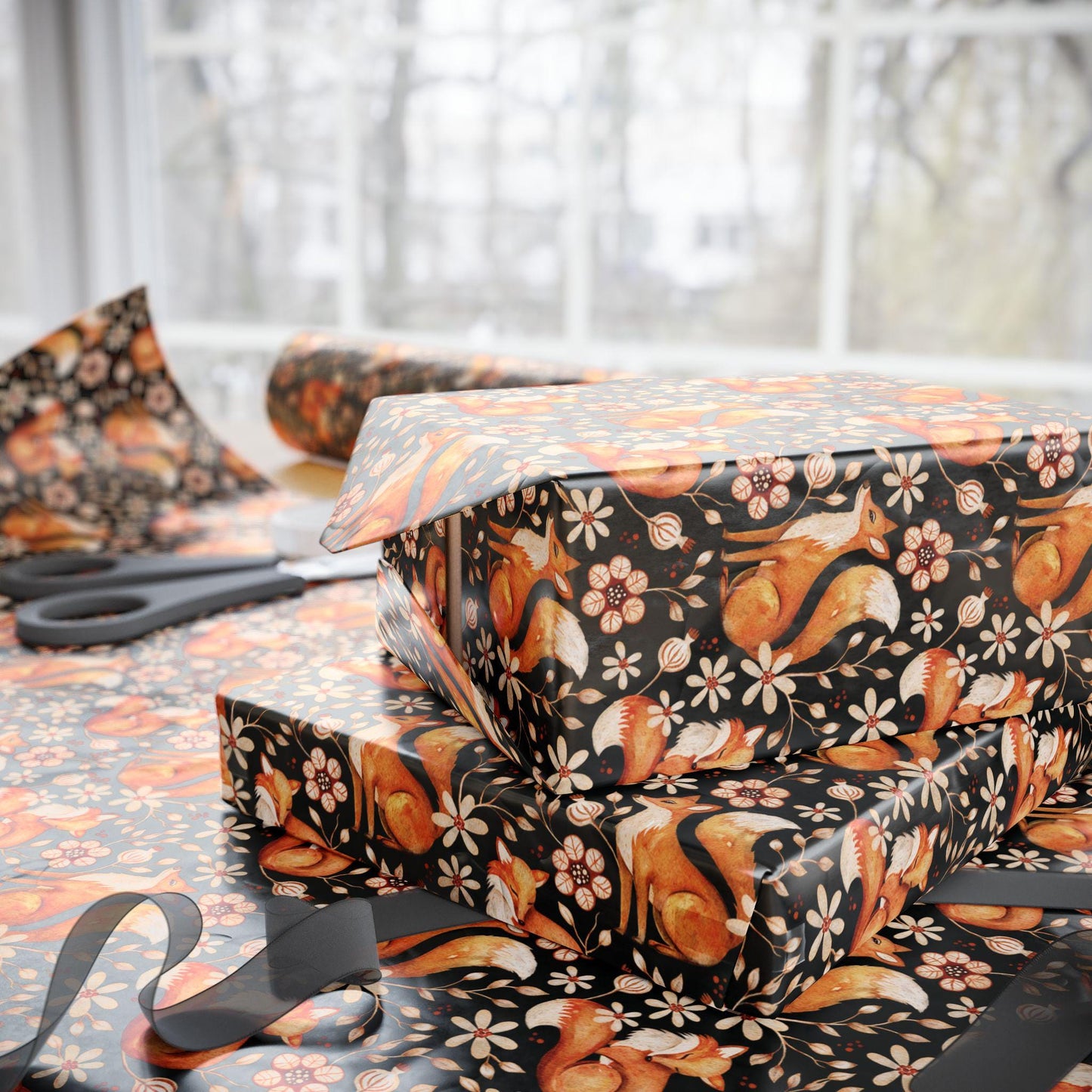 Foxes Wrapping Paper Roll for Woodland Themed Gifts and Party, Boho Forest Animals Gift Wrap, Custom Natural Forest Gift Packaging