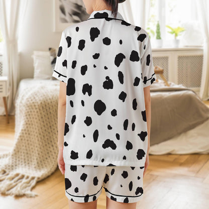 Brown Dalmatian Pajama Set Short Sleeves, Dalmation Print Woman's Satin Pajamas Short Sleeve