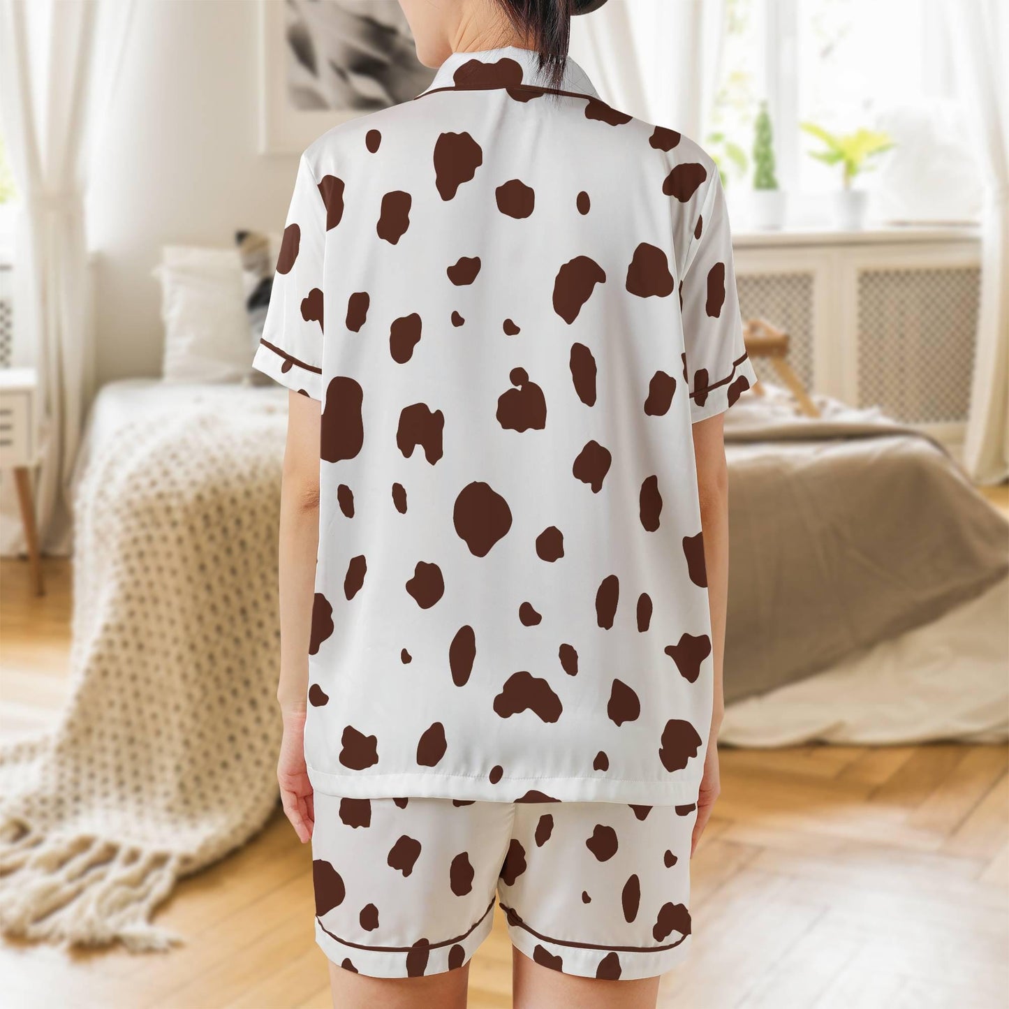 Brown Dalmatian Pajama Set Short Sleeves, Dalmation Print Woman's Satin Pajamas Short Sleeve