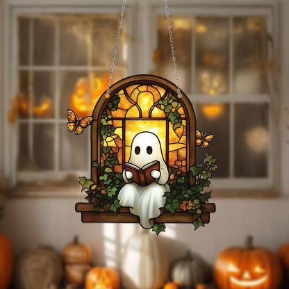 Cute Ghost Reading Book Window Hanging, Cozy Halloween Decor with Butterflies and Ivy, Whimsical Autumn Home Accent