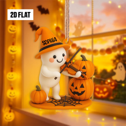 Personalized Halloween Ornament – Cute Ghost With Pumpkin Vilon, Custom Name Ornament 2D Flat, Fun And Spooky Halloween Hanging Window