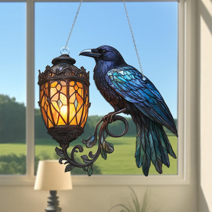 Raven Gothic on Lantern Acrylic Window Hanging, Crow on Lamp Decor, Halloween Black Raven Decor, Dark Academia Decor, Witchcraft Decor Fans
