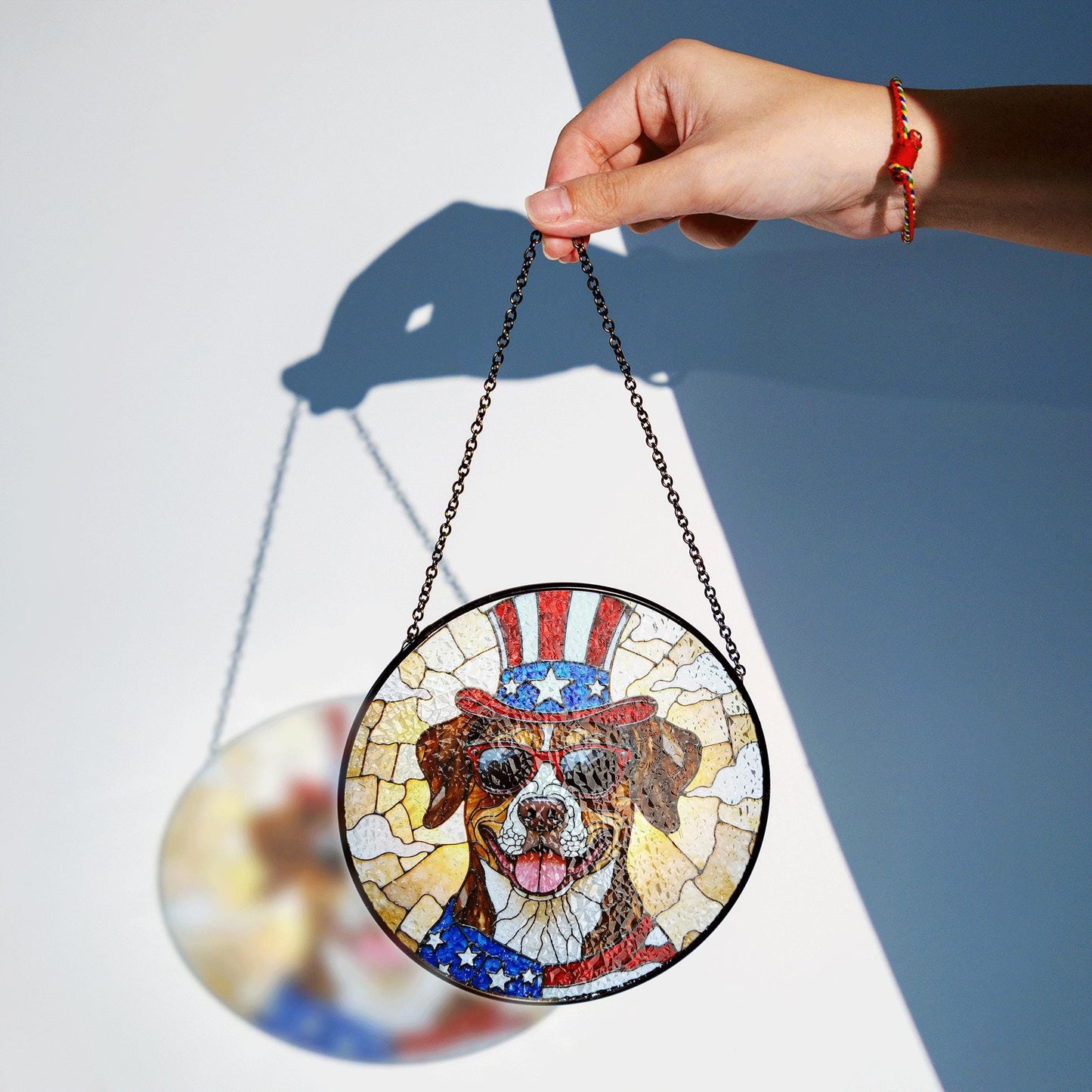 Patriotic dog with Uncle Sam hat Suncatcher stained glass window decor Independence Day gift for dog lovers