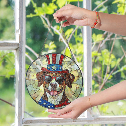 Patriotic dog with Uncle Sam hat Suncatcher stained glass window decor Independence Day gift for dog lovers