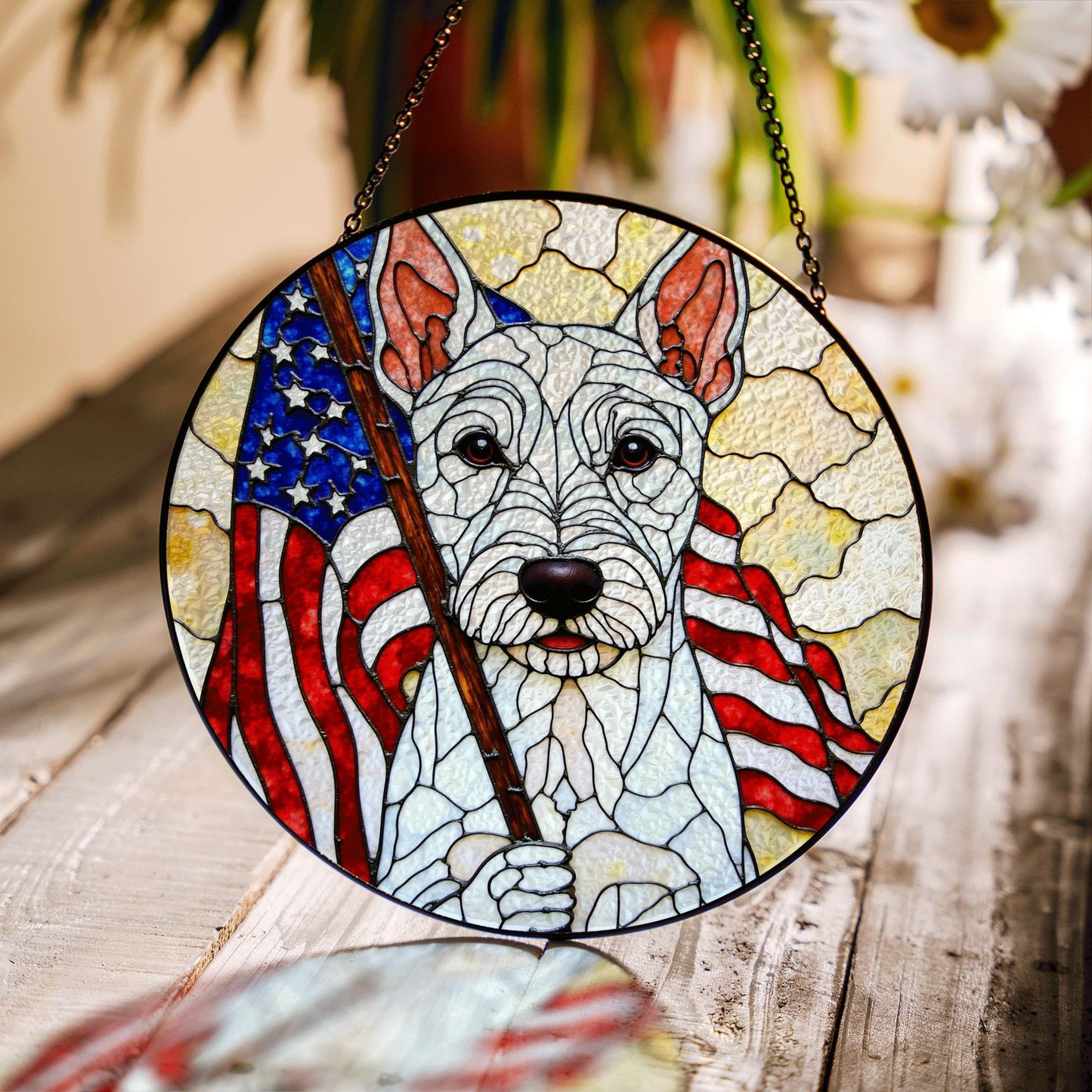 Patriotic dog American flag stained glass window art round suncatcher gift for July Fourth dog lover home decor