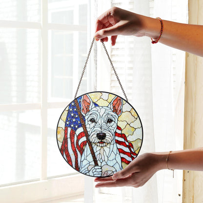 Patriotic dog American flag stained glass window art round suncatcher gift for July Fourth dog lover home decor