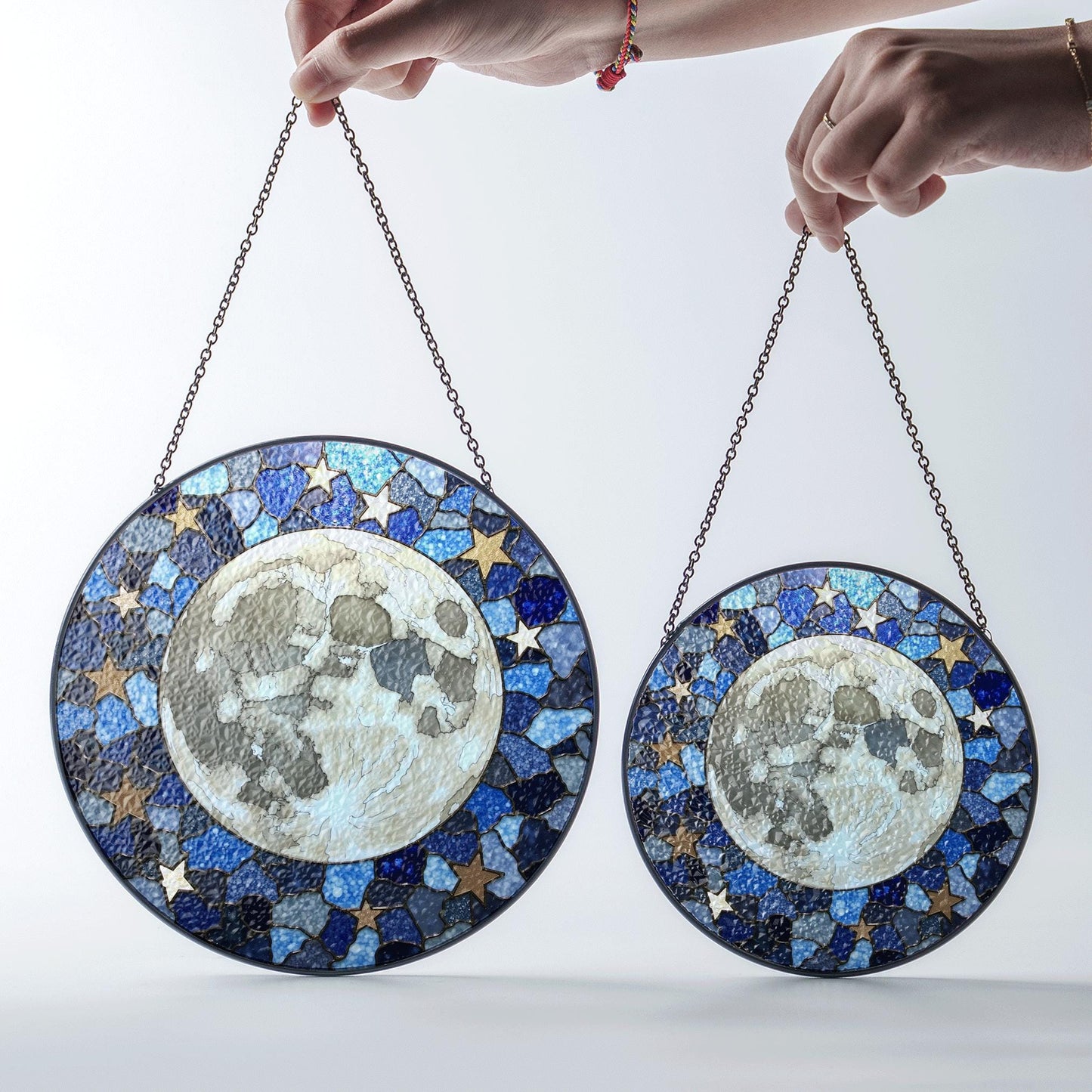 Mosaic Moon Starry Night stained glass suncatcher round window hanging celestial art gift for space lover mom birthday