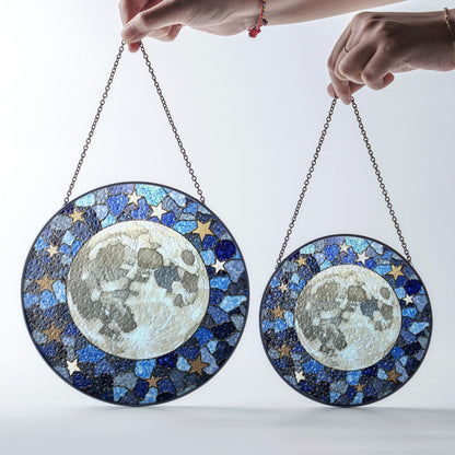 Mosaic Moon Starry Night stained glass suncatcher round window hanging celestial art gift for space lover mom birthday