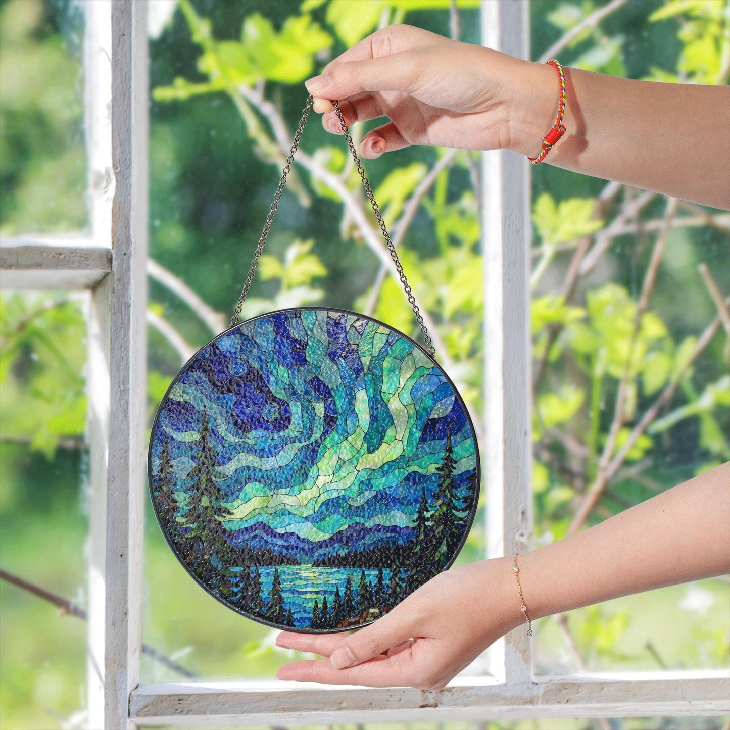 Aurora borealis forest lake mosaic round stained glass suncatcher window art gift for nature lover housewarming
