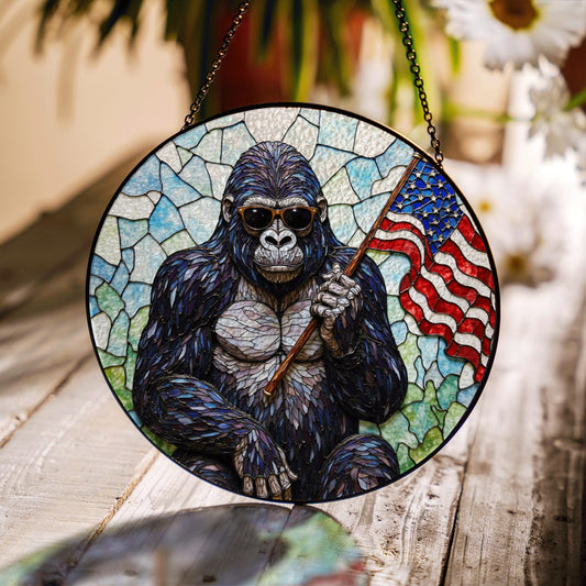 Cool gorilla waving USA flag stained glass round suncatcher window decor patriotic Fourth of July gift for dad