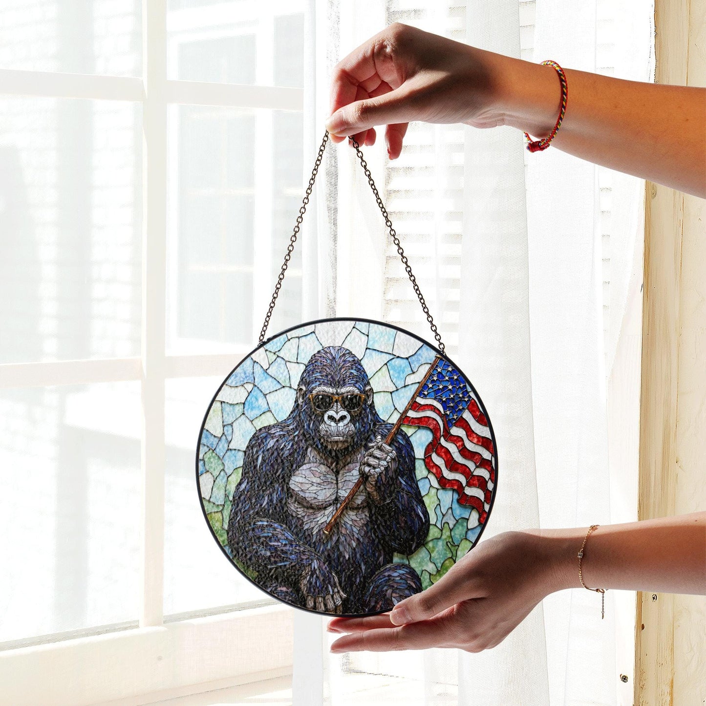 Cool gorilla waving USA flag stained glass round suncatcher window decor patriotic Fourth of July gift for dad