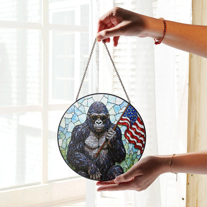 Cool gorilla waving USA flag stained glass round suncatcher window decor patriotic Fourth of July gift for dad