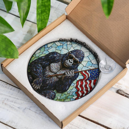 Cool gorilla waving USA flag stained glass round suncatcher window decor patriotic Fourth of July gift for dad
