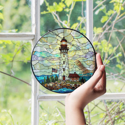 Patriotic Lighthouse Coastal Beacon Stained Glass Round Suncatcher Window Hanging Independence Day Gift for Dad