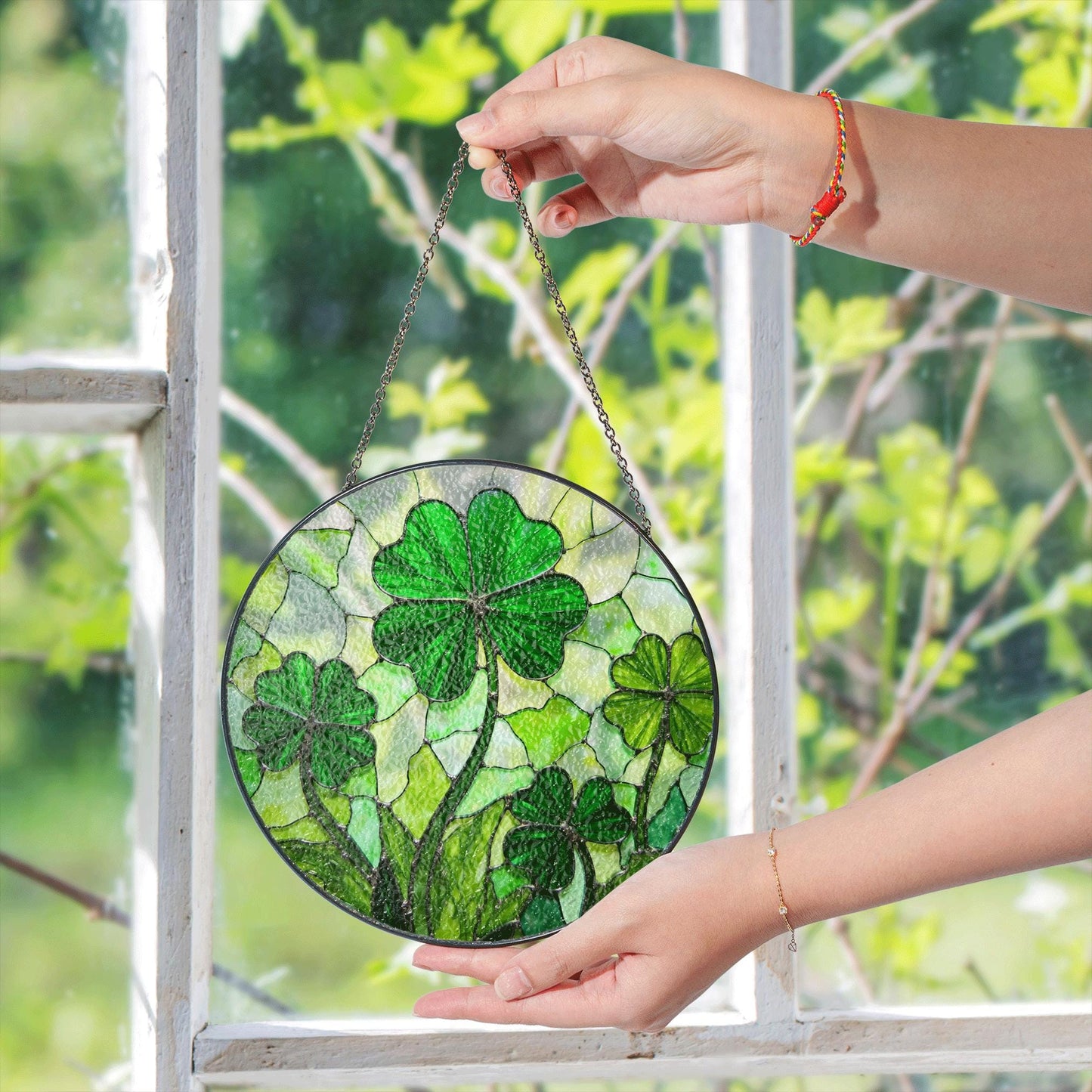 Four Leaf Clover Stained Glass Round Window Suncatcher Handmade Sun Catcher Lucky Charm St Patrick Day Gift for Friend