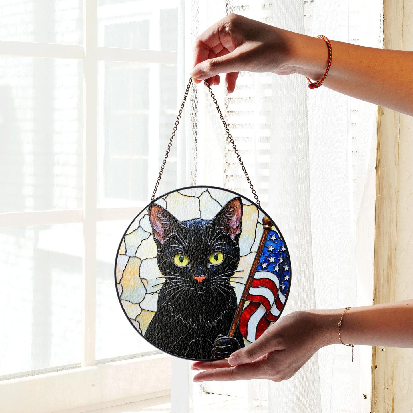Black cat with American flag mosaic stained glass suncatcher window decor Independence Day gift for cat lover