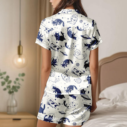 Space Cat Satin Pajamas Short Set, Astronaut Cat Women Pajamas, Galaxy Cat Sleepwear Matching Pjs, Lounge Set For Women, Pet Lover Gift