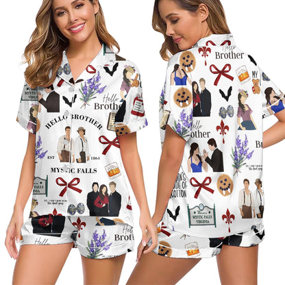 Vampire Diaries Satin Pajamas Shorts, Hello Brother Sleepwear, Movie Pajamas Set, Satin Movie Pajamas, Gift For Her