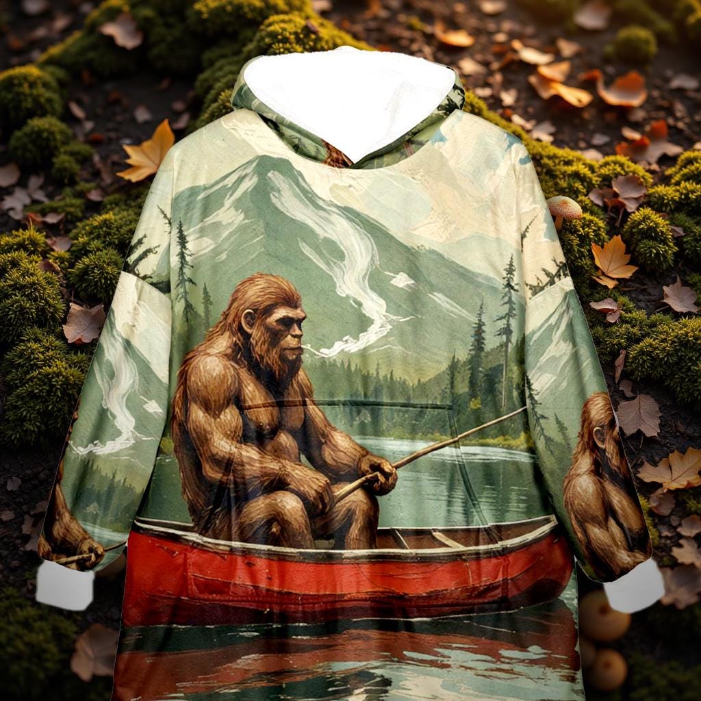 Bigfoot Fishing Blanket Hoodie | Cozy Oversized Fleece Hoodie Blanket | Camping Gift for Men | Funny Outdoor Cryptid