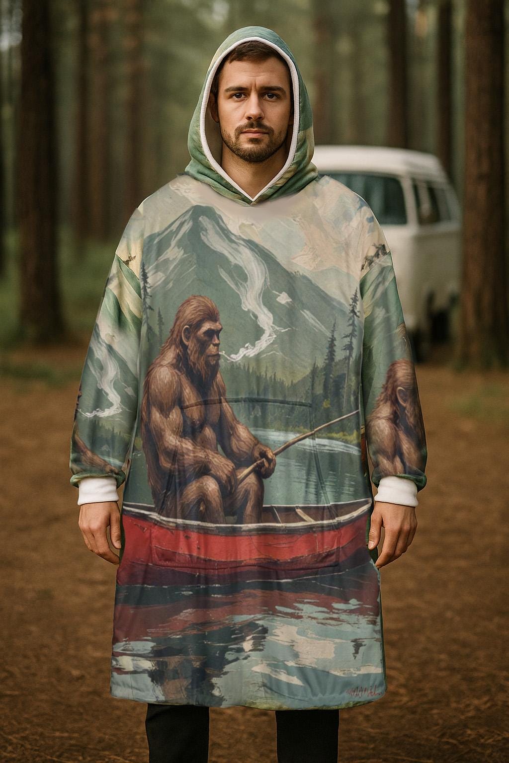 Bigfoot Fishing Blanket Hoodie | Cozy Oversized Fleece Hoodie Blanket | Camping Gift for Men | Funny Outdoor Cryptid