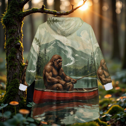 Bigfoot Fishing Blanket Hoodie | Cozy Oversized Fleece Hoodie Blanket | Camping Gift for Men | Funny Outdoor Cryptid