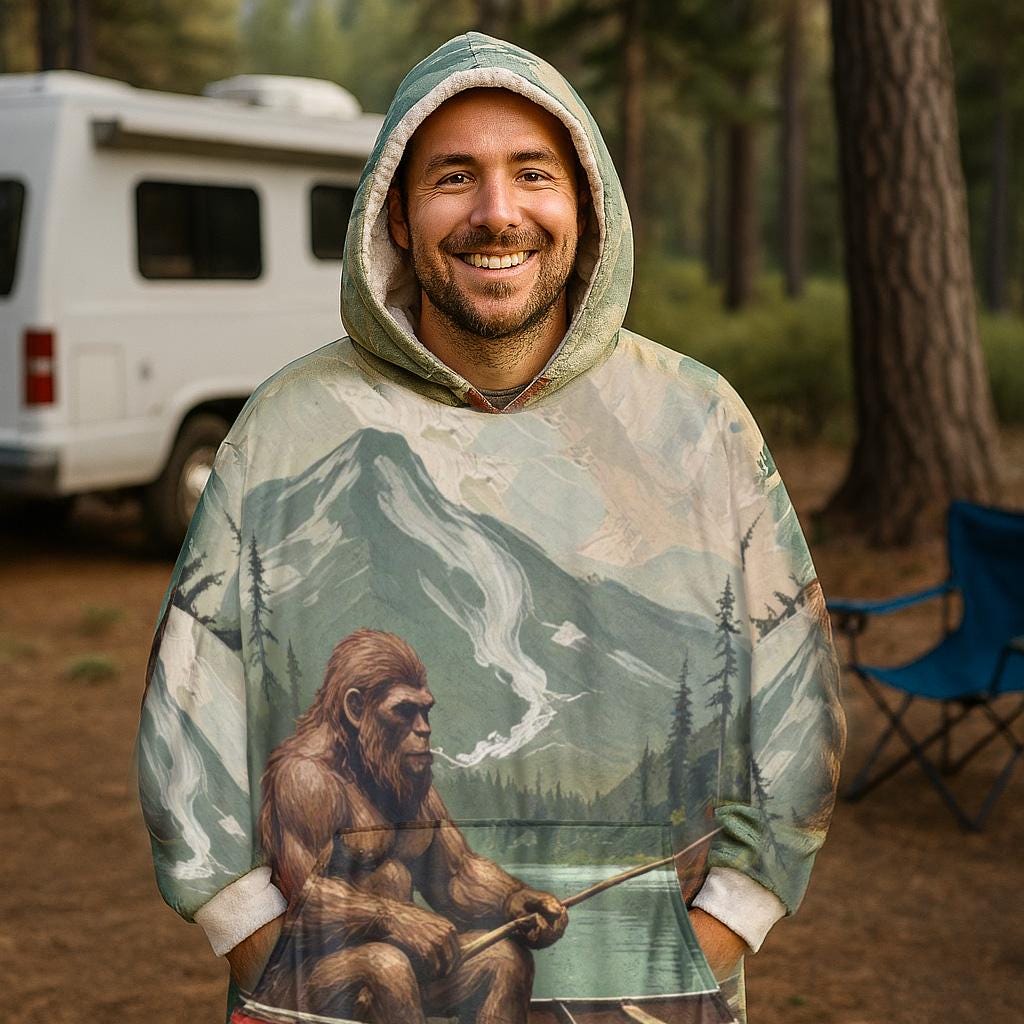 Bigfoot Fishing Blanket Hoodie | Cozy Oversized Fleece Hoodie Blanket | Camping Gift for Men | Funny Outdoor Cryptid