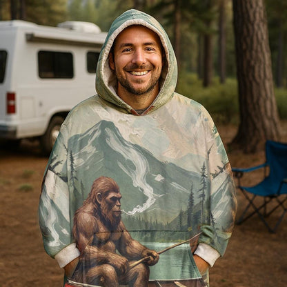 Bigfoot Fishing Blanket Hoodie | Cozy Oversized Fleece Hoodie Blanket | Camping Gift for Men | Funny Outdoor Cryptid