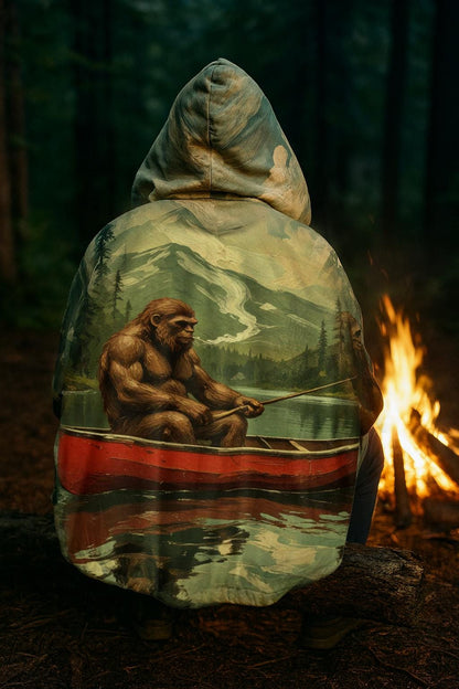 Bigfoot Fishing Blanket Hoodie | Cozy Oversized Fleece Hoodie Blanket | Camping Gift for Men | Funny Outdoor Cryptid