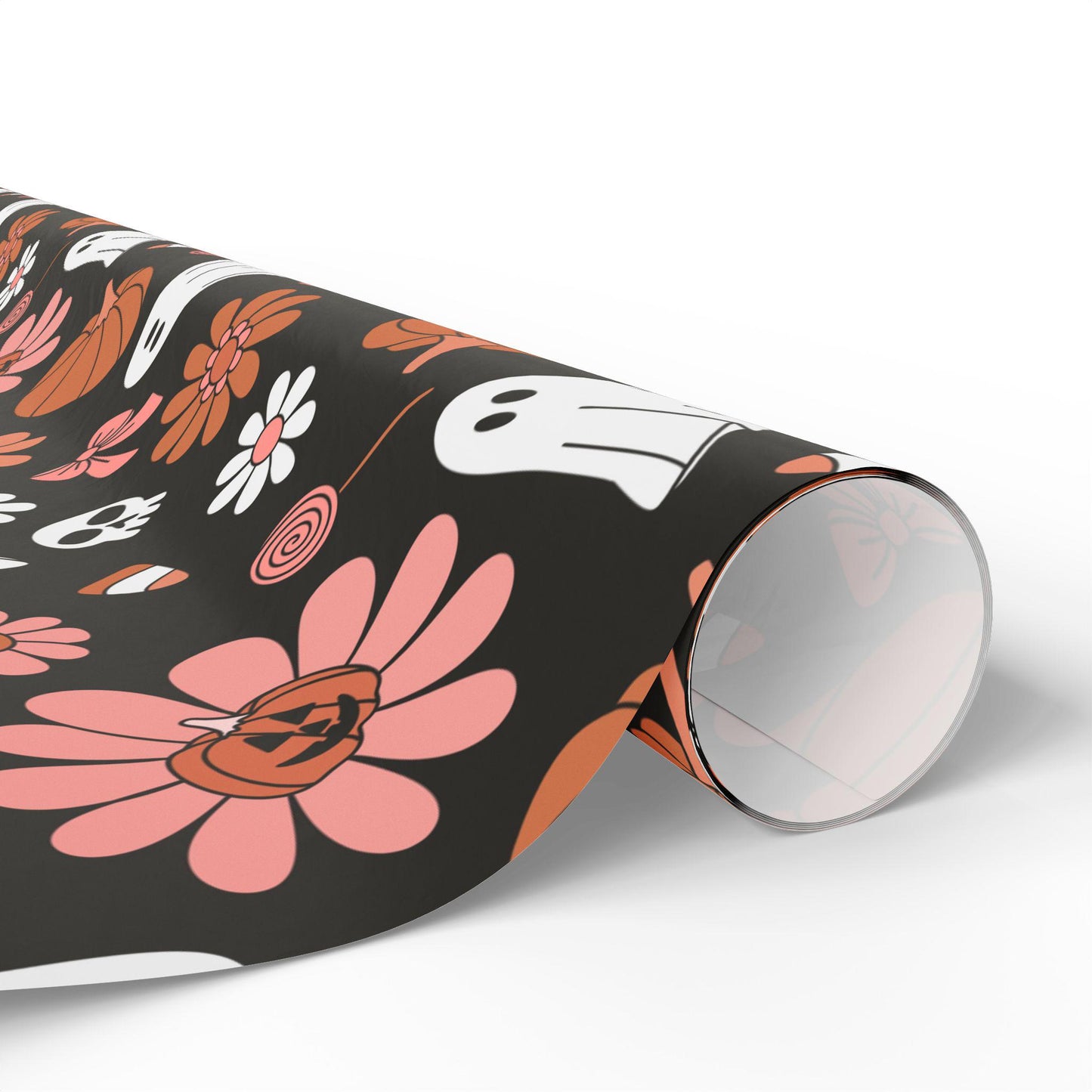 Ghost and Pumpkin Halloween Wrapping Paper Roll, Trick or Treat Spooky Gift Wrap for October Groovy Retro Party Packaging