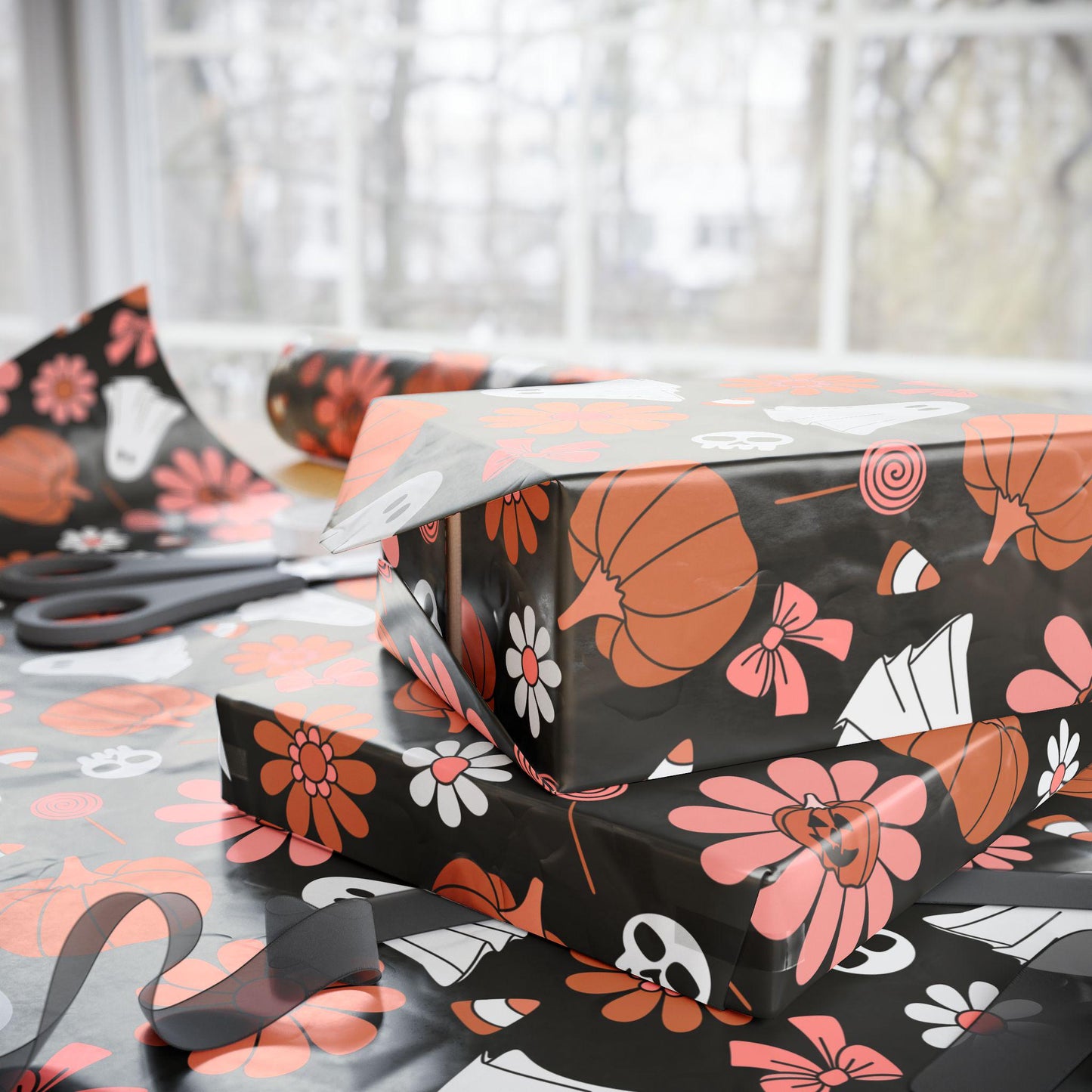 Ghost and Pumpkin Halloween Wrapping Paper Roll, Trick or Treat Spooky Gift Wrap for October Groovy Retro Party Packaging