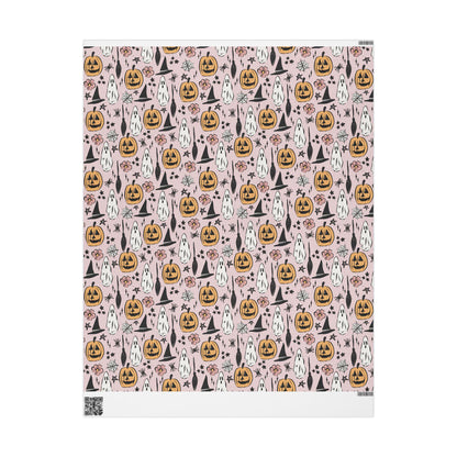 Halloween Wrapping Paper Roll, Retro-Inspired Gift Wrap with Ghosts, Pumpkins and Stars, Vintage Spooky Vibes
