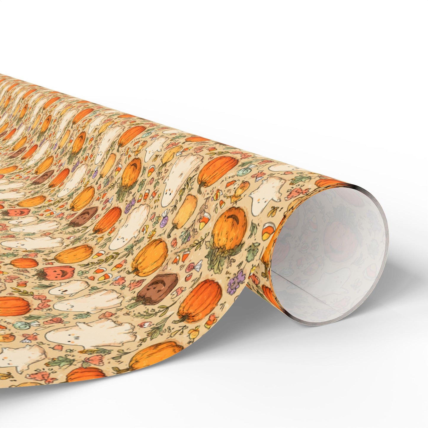 Cute Halloween Gift Wrap Roll, Watercolor Style Wrapping Paper with Ghosts and Pumpkins, Fall Pastel Spooky Vibes